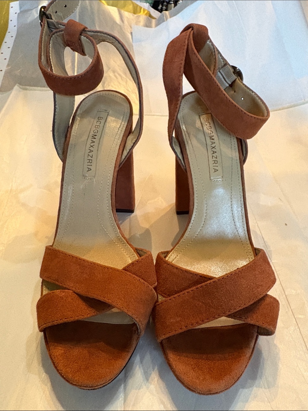 BCBGMaxAzria Suede Crisscross ankle wrap adjust buckle close Block Heel Sandals